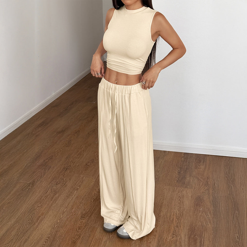 European And American Sports Hot Girl Style Sleeveless T-shirt Wide Leg Trousers Suit